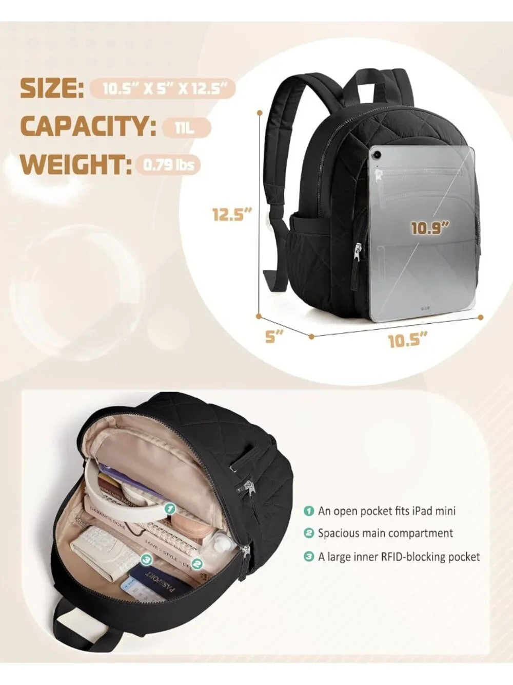 Women's Black lightweight taslan fabric Zipper Quilted Backpack College Bag